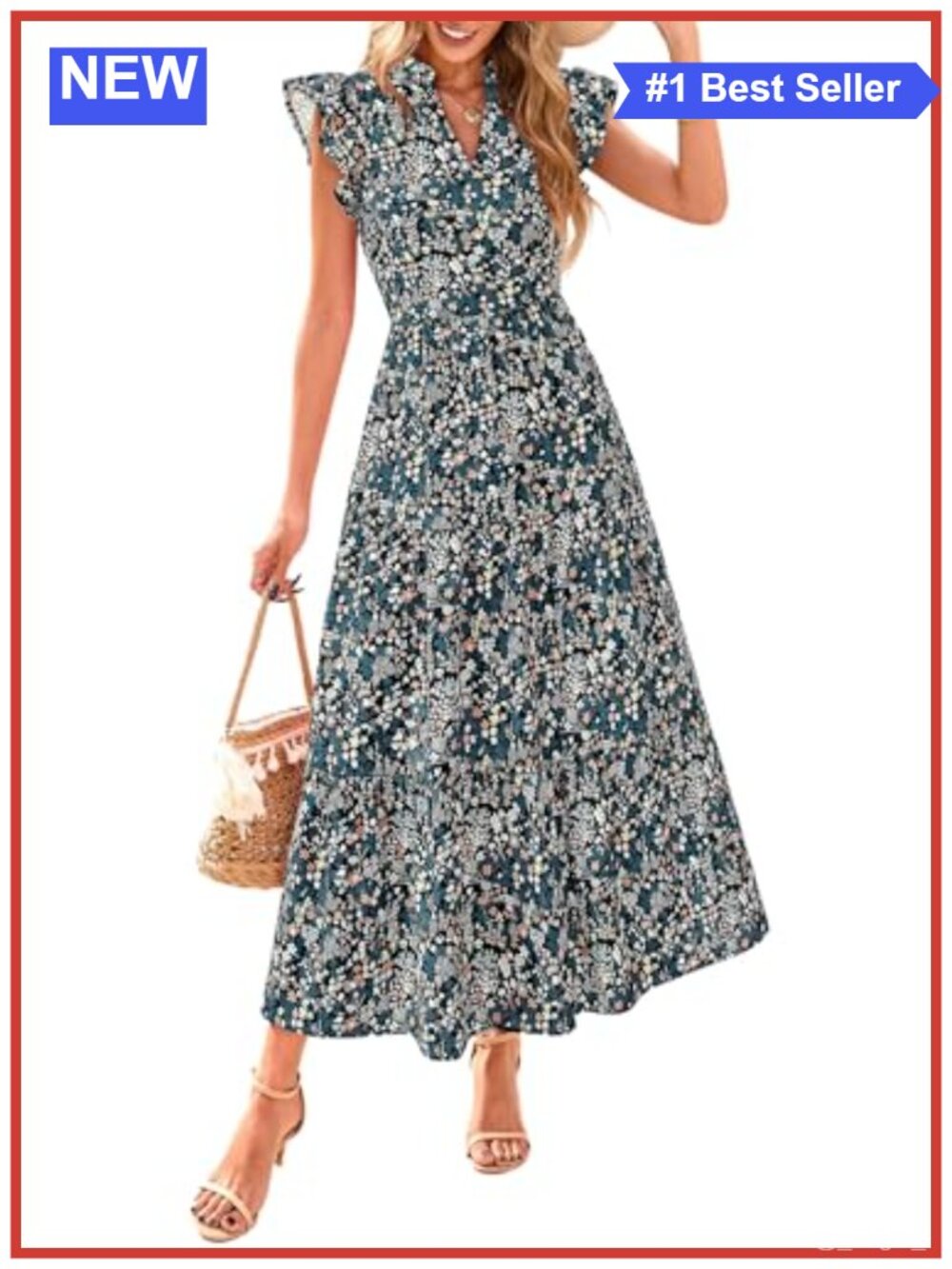 Women's Boho Floral Midi Dress V-Neck Cap Sleeve Tiered A-Line